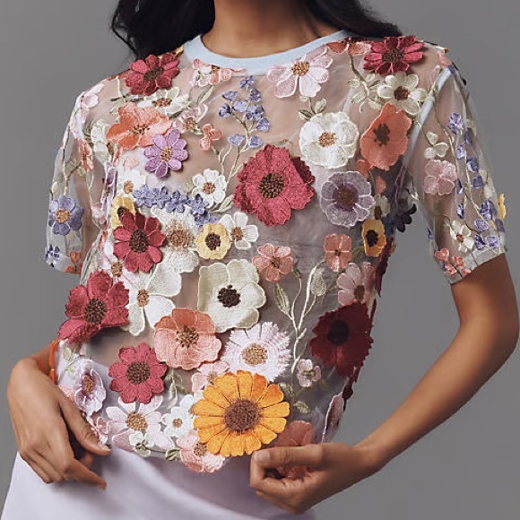 NWT Dolan Anthropologie Women’s Left Coast Flower Appliqué Sheer Tee - Picture 6 of 7